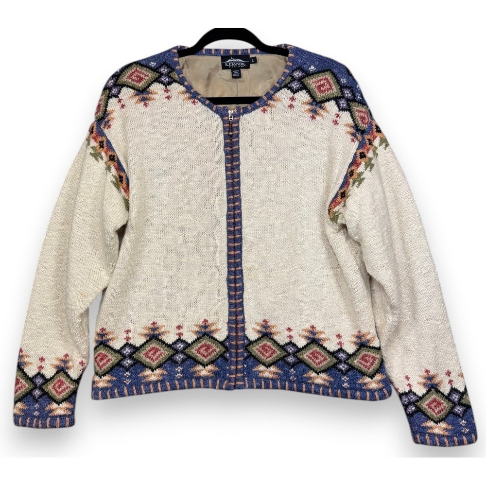 Vintage Icelandic Design Linen Blend Cardigan Sweater Womens L Floral Knit Zip